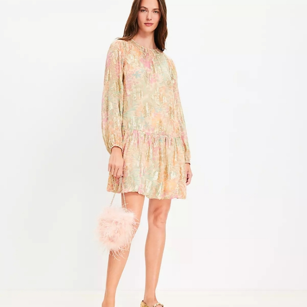 Loft Shimmer Floral Jacquard Bubble Hem Mini Dress- Tahini Size Large